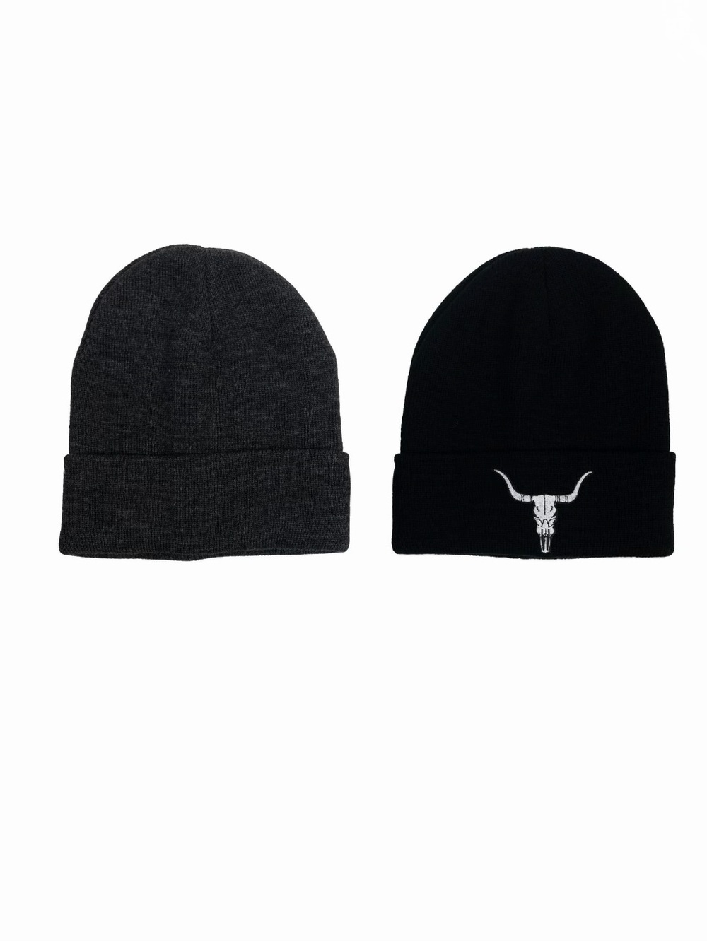Charcoal & Black Cow Skull Icon Beanie Hats, 2- Pack